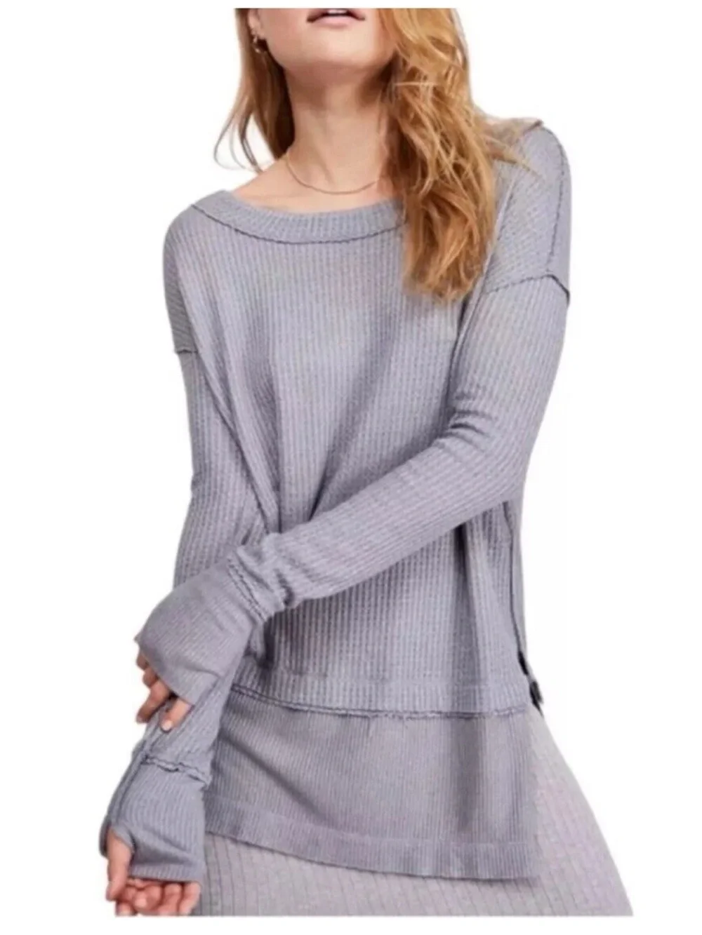 Free People We The Free‎ Thermal North Shore Gray Waffle Long Sleeve Oversized S